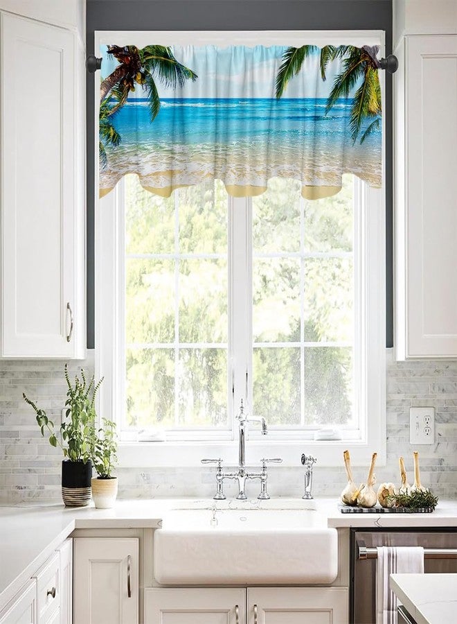 DOTOOMA 54x18 Inches Seaside Sunny Beach Ocean Waves Coconut Palm Window Treatment Valance Blue Sky Kitchen Dining Room Polyester Fabric Decorations Supplies - Image 2